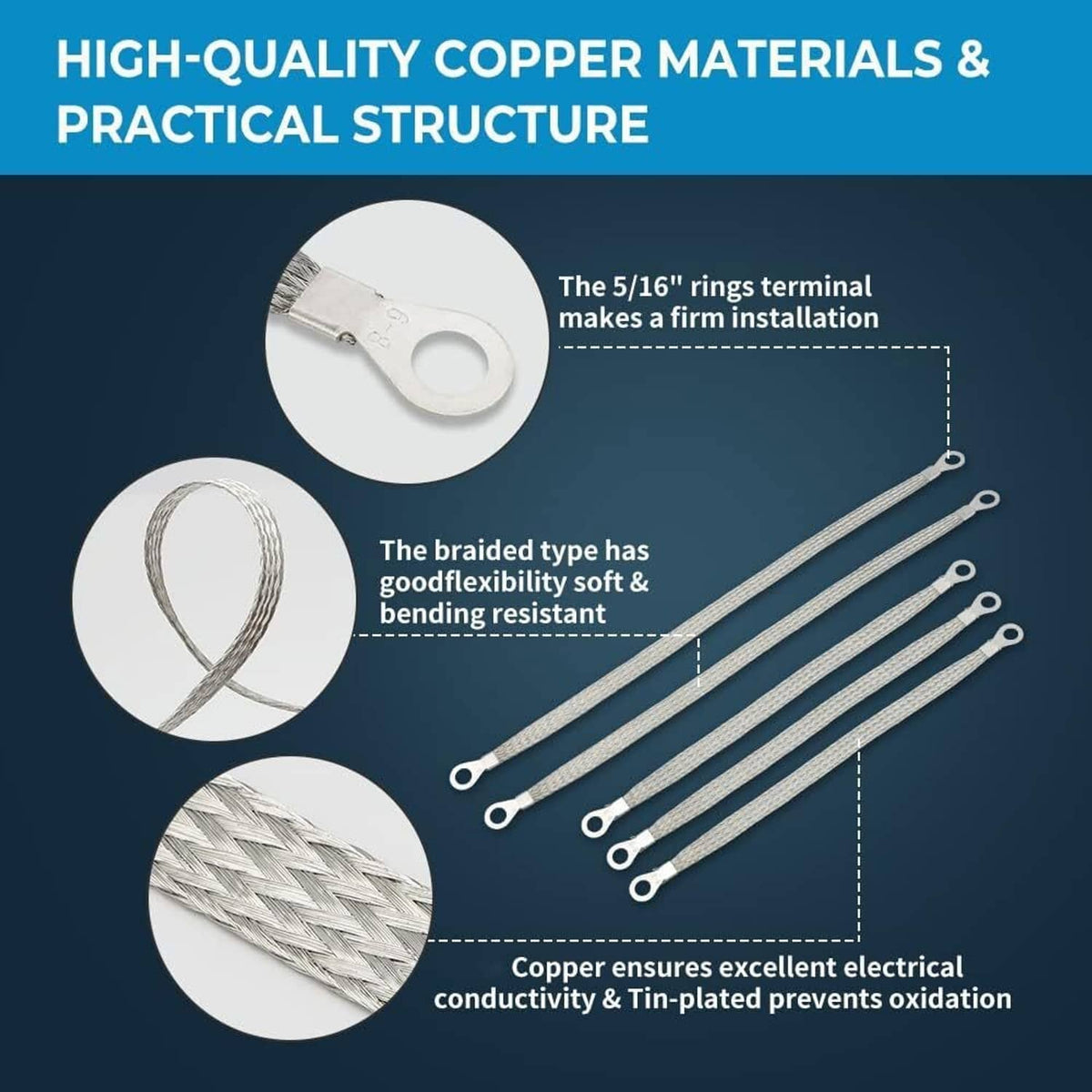 Solidspare 5× Universal Automotive Ground Strap Tinned Copper Car Engine Ground Strap Cable