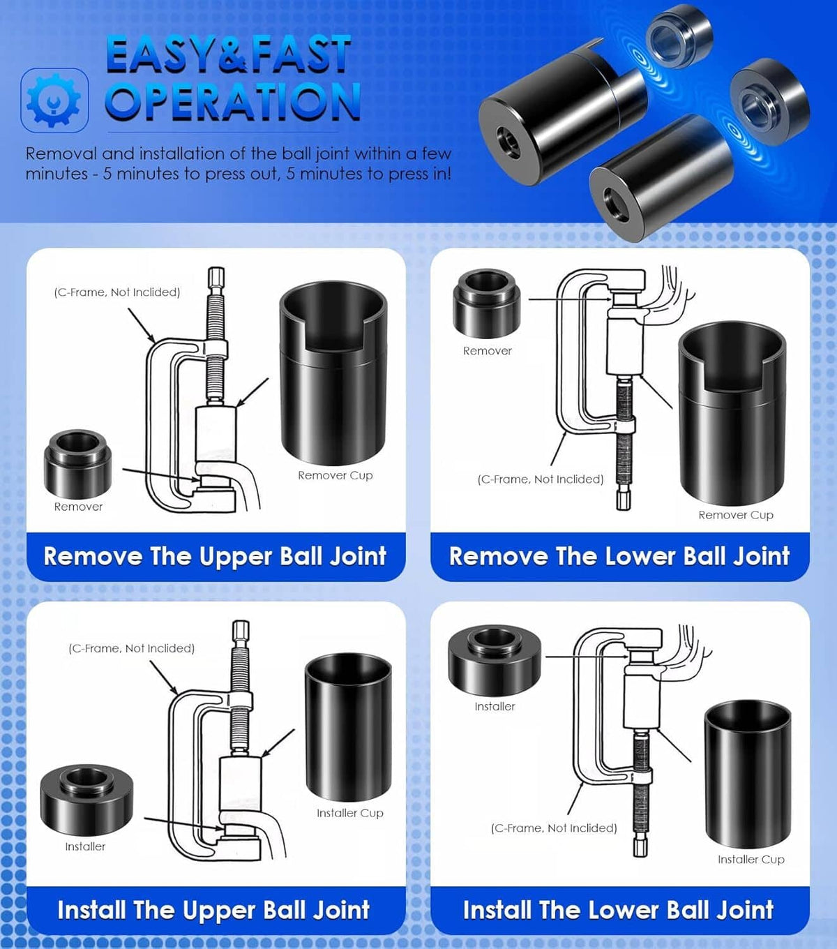 Solid Spare Ball Joint Service Adapter Tools Kit 7894 for Jeep Wrangler & Dodge Ram Trucks