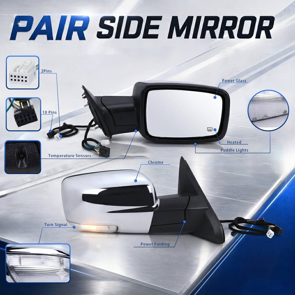 Solidspare 2Pcs For 2013-2019 Ram 1500 Side Mirror Chrome Power Fold Heated Temper Sensor