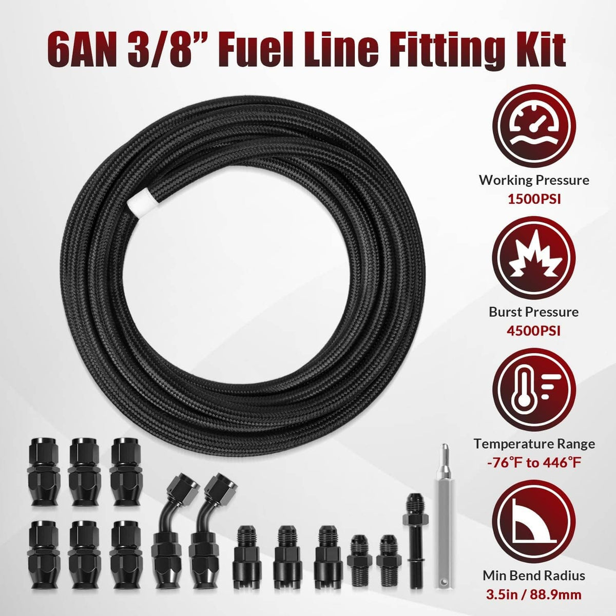Solidspare 6AN 3/8” PTFE Fuel Line Kit w/Nylon Stainless Braided Fuel Hose 25FT (16Pcs)