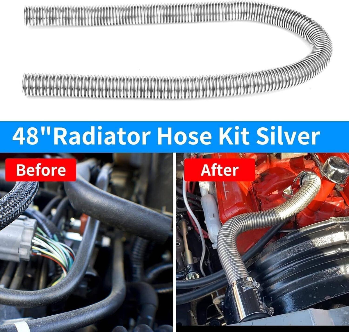 Solidspare Universal 48" Stainless Steel Radiator Flexible Coolant Water Hose W/ Caps Kit