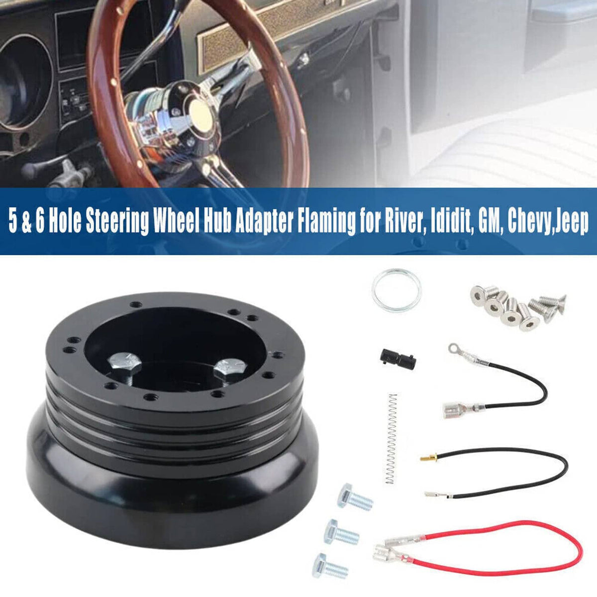 Solidspare For GM Chevy 5 & 6 Hole Steering Wheel Hub Adapter Flaming River Ididit BlacK