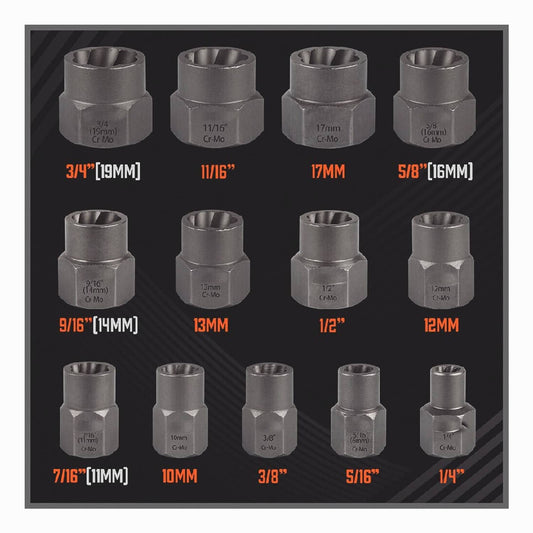 Solid Spare Impact Bolt Extractor Set Nut Remover Set Stripped Extraction Socket Tools 15pcs