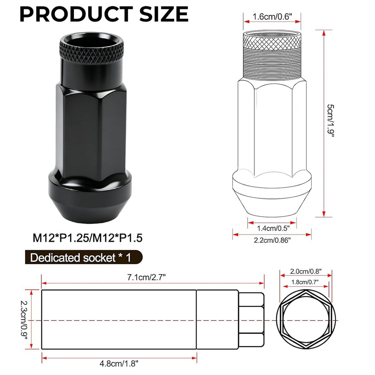 Solidspare 20Pcs M12x1.5mm Extended Steel Open Ended wheel Lug Nuts For Toyota Honda Black
