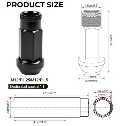 Solidspare 20Pcs M12x1.5mm Extended Steel Open Ended wheel Lug Nuts For Toyota Honda Black