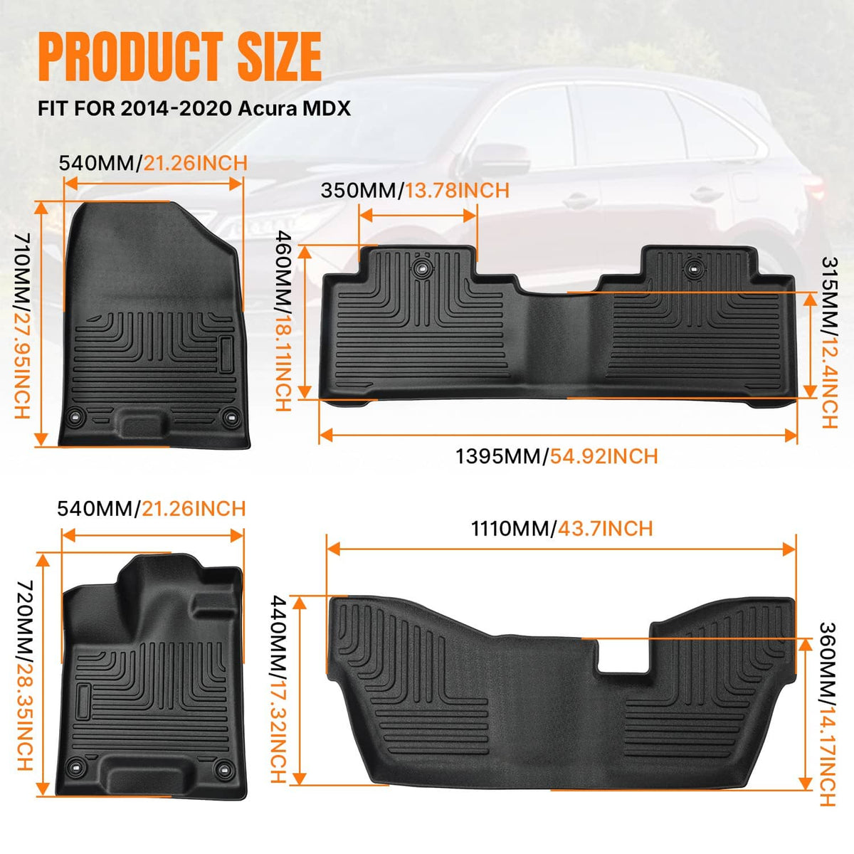 Solidspare Car Floor Mats Liner for Acura MDX 2014 2015 2016 2017 2018 2019 2020 TPE Rubber