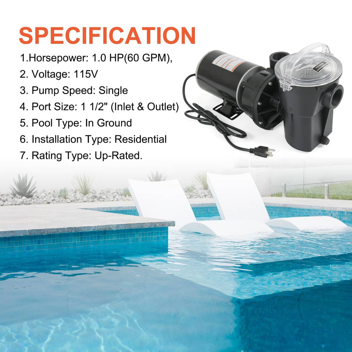Solidspare 1HP Swimming Pool Pump Replacement for W3SP1580 Pump with Cord