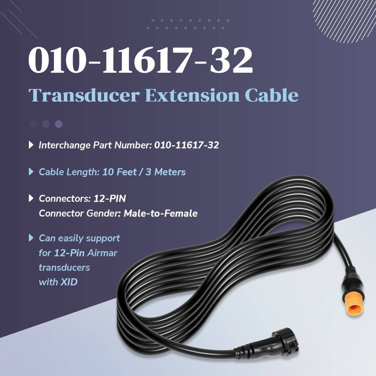 Solidspare Replace for Garmin 010-11617-32 Transducer Extension Cable 12-Pin 10ft. with XID