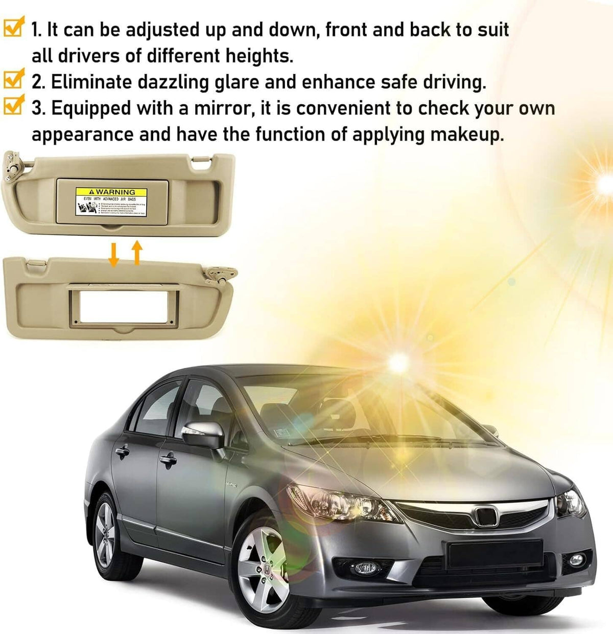 Solidspare 2Pcs Beige Sun Visor Left & Right Visor Kit For 2006-2011 Honda Civic Visors