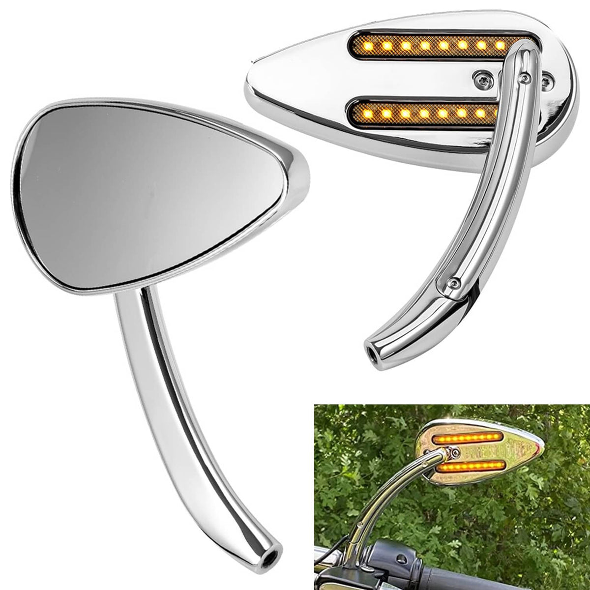 Solidspare 2Pcs Motorcycle Rearview Side Mirrors w/ LED Turn Signals Lights Chrome 8/10mm