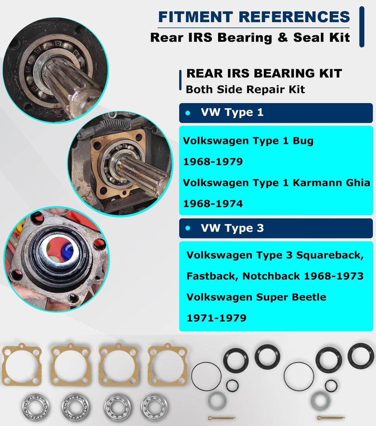 Solid Spare Rear IRS Wheel Bearing Kit w/Seals for Volkswagen VW Type 1 Bug/GHIA 1968-1979