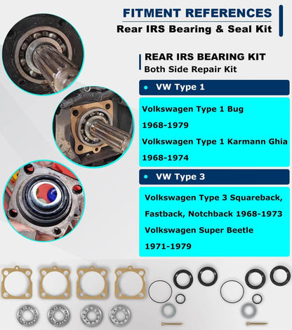 Solid Spare Rear IRS Wheel Bearing Kit w/Seals for Volkswagen VW Type 1 Bug/GHIA 1968-1979