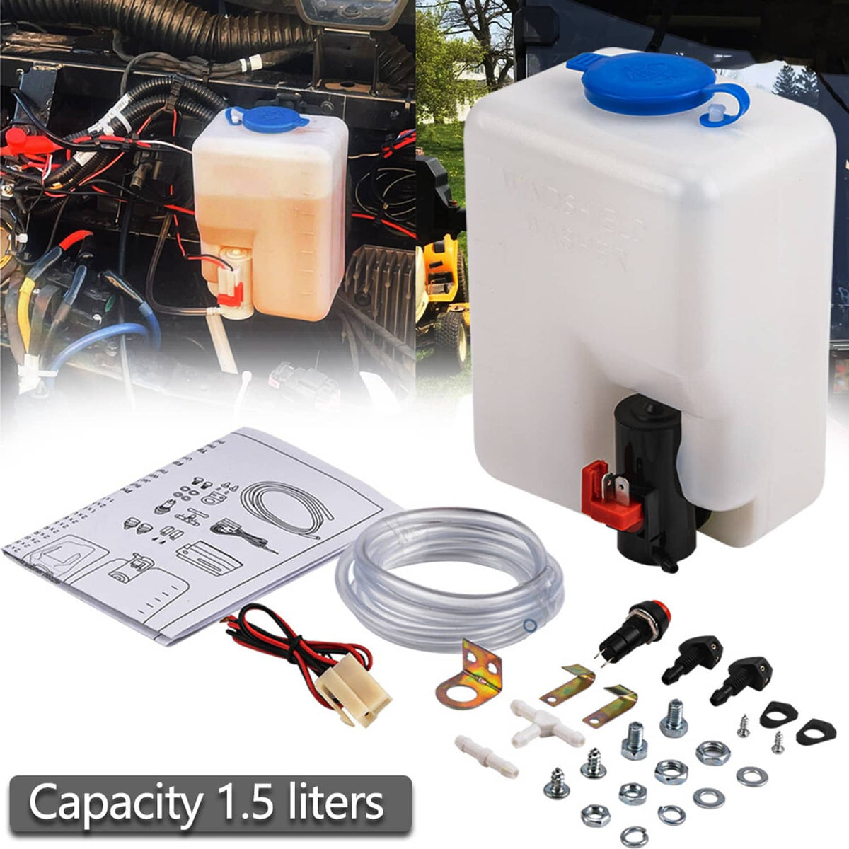 Solidspare 12V Windshield Washer Pump Reservoir Kit Fluid Tank Bottle Universal UTV ATV