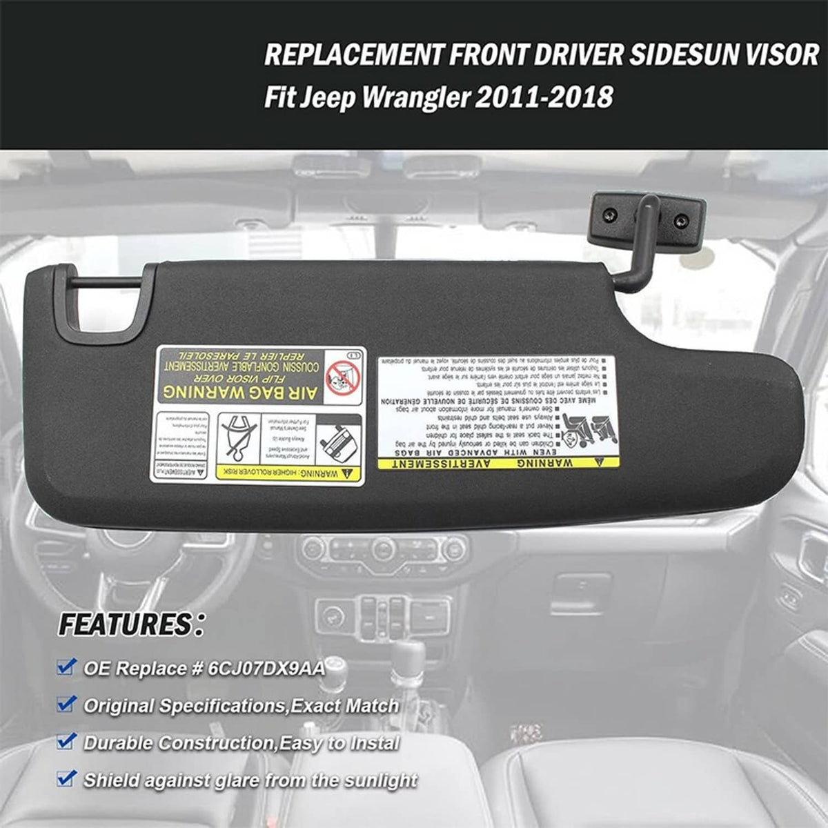 Solidspare New Black Sun Visor 6CJ07DX9AA Left Driver Side For 2007-2018 Jeep Wrangler JK