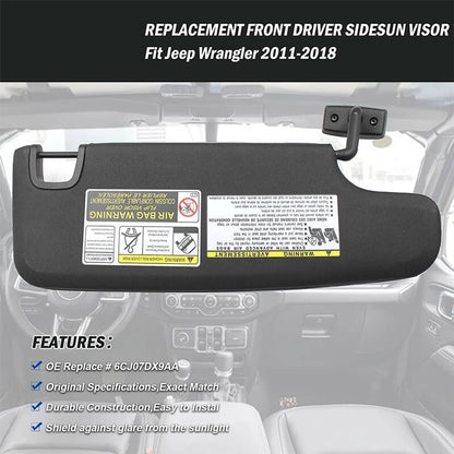 Solidspare New Black Sun Visor 6CJ07DX9AA Left Driver Side For 2007-2018 Jeep Wrangler JK
