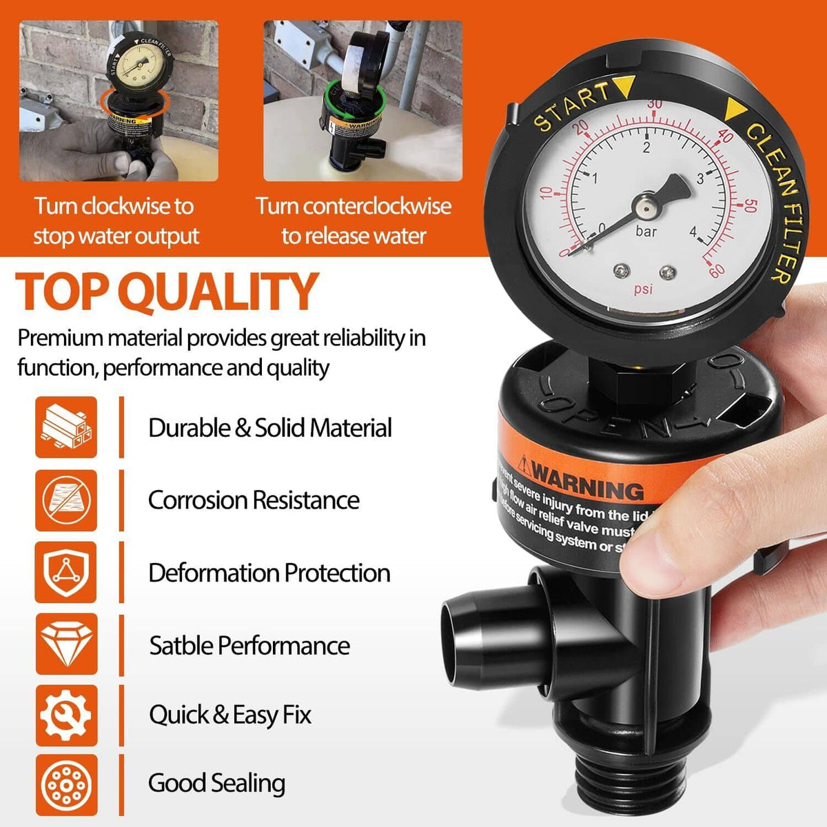 Solid Spare 98209800 High Flow Manual Air Relief Valve with Gauge for Pentair Pool Filters