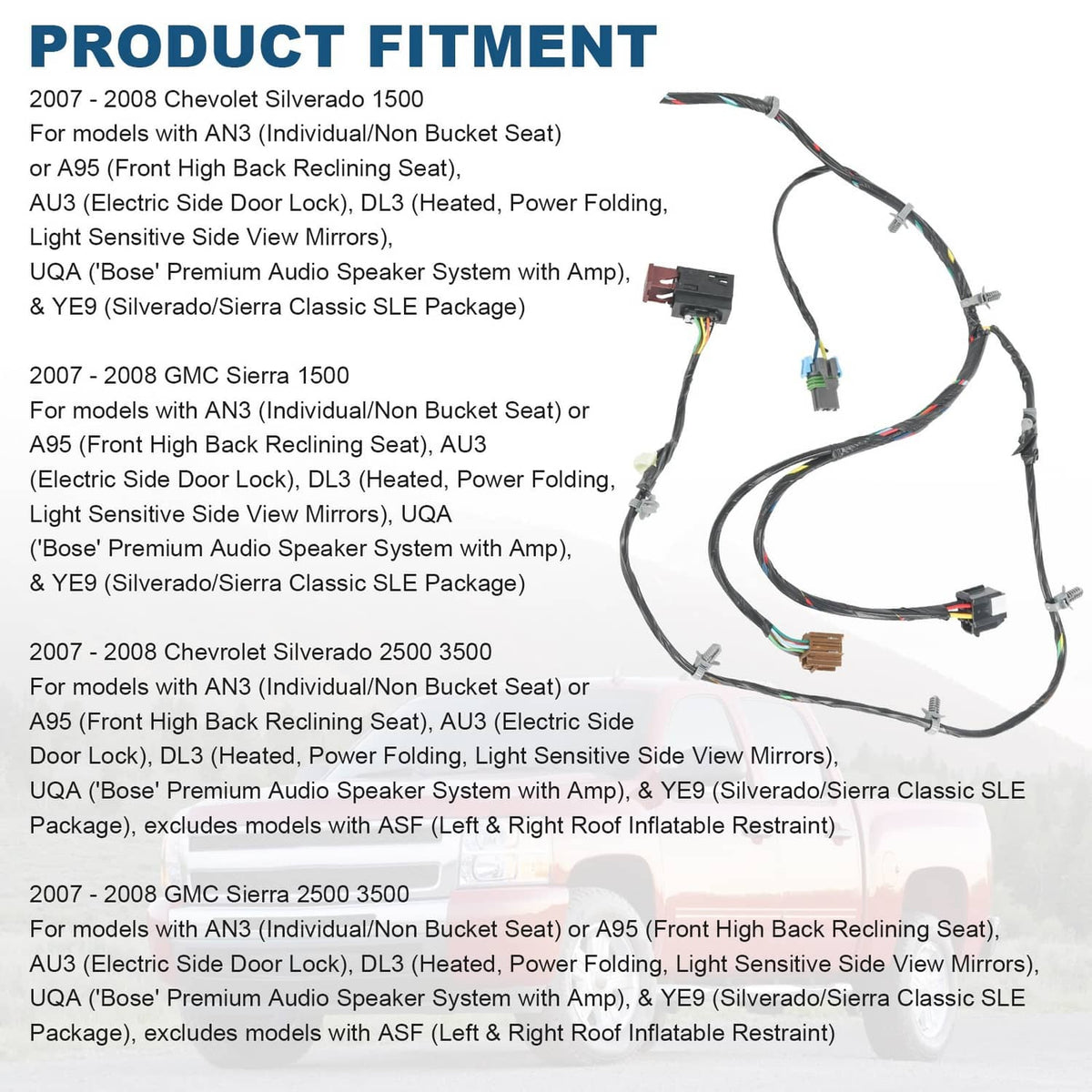 Solidspare Driver Front Door Wiring Harness For 07-08 Chevrolet Silverado GMC Sierra DL3