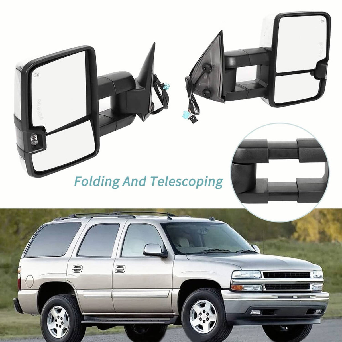Solidspare Chrome Tow Mirror Power Heated Extend For 2003-07 Silverado Sierra Suburban 1500