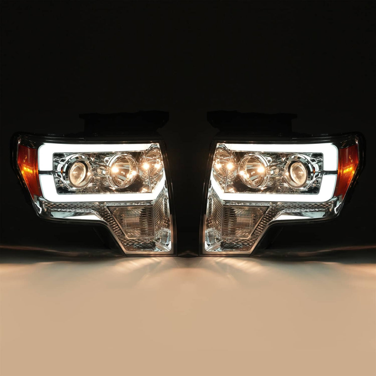 Solid Spare Projector Headlight Assembly Fit Ford F150 F-150 2009-2014 Chrome DRL LED Tube