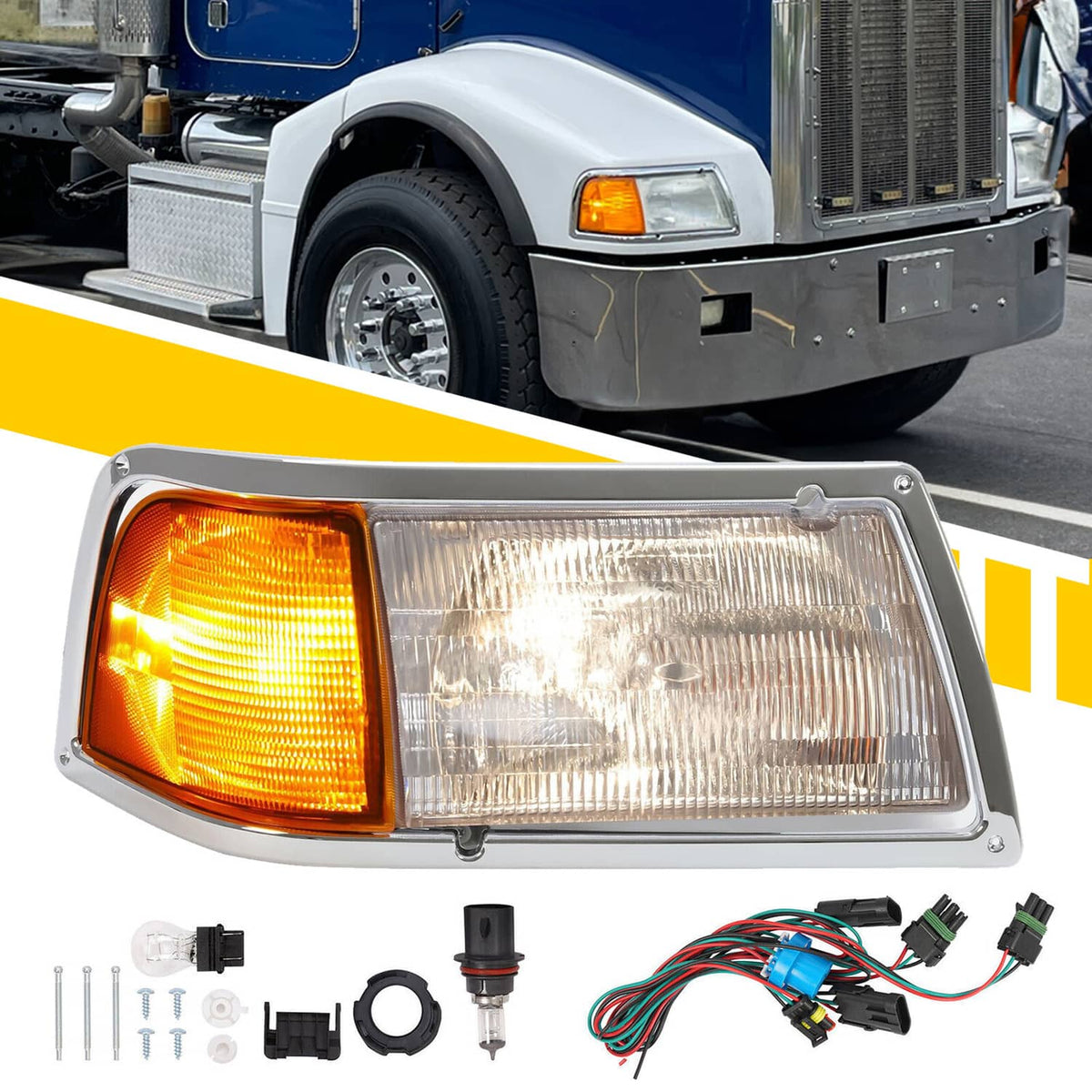 Solid Spare Headlight&Corner Light For Peterbilt 375 385 w/Wire Harness&Bulb Passenger Side