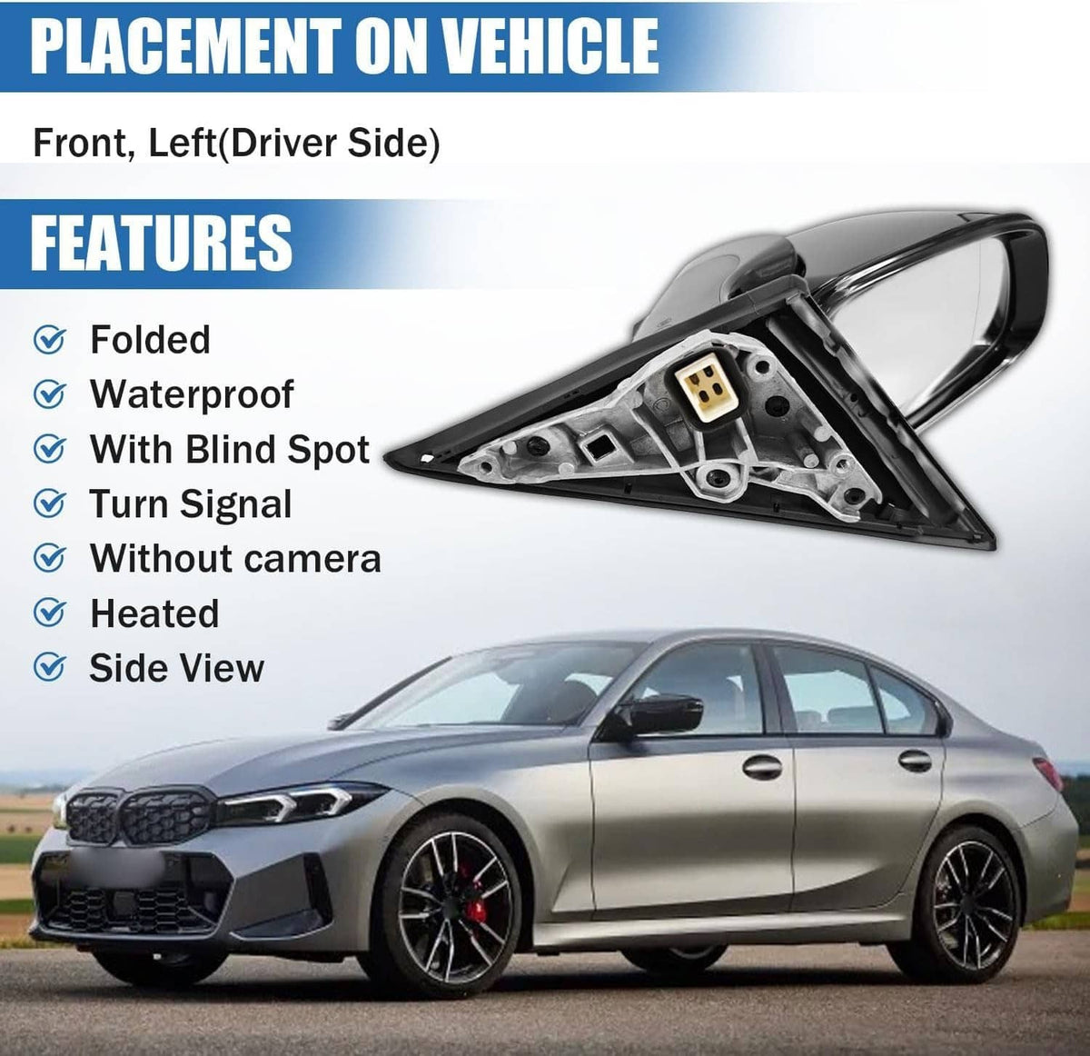 Solidspare Left Driver Side Mirror With Blind Spot Black For 2019-2023 BMW 320i 330i 330e