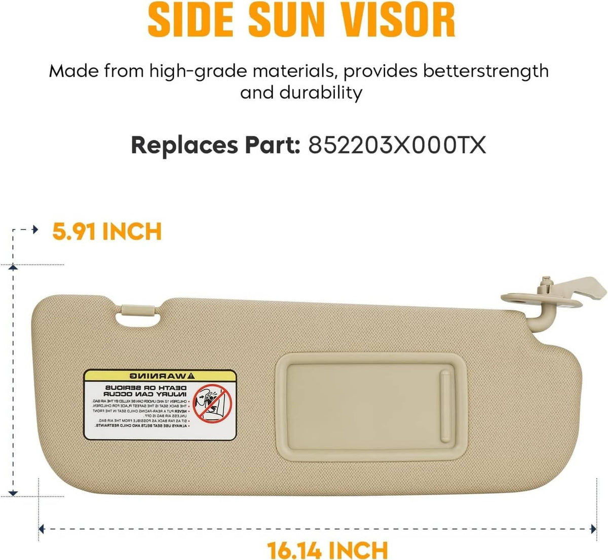 Solidspare Right/Passenger Side Sun Visor for 2011-2015 Hyundai Elantra 852103X000TX Beige