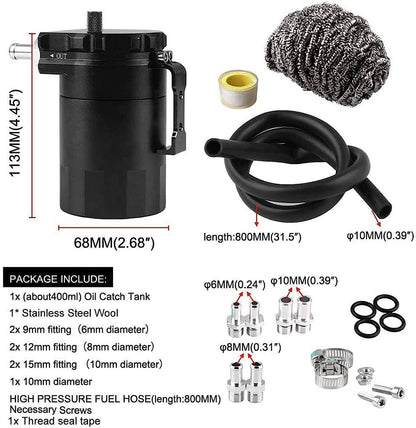 Solidspare Universal Black Oil Catch Can Kit with Hose Baffled Reservoir Tank Aluminum