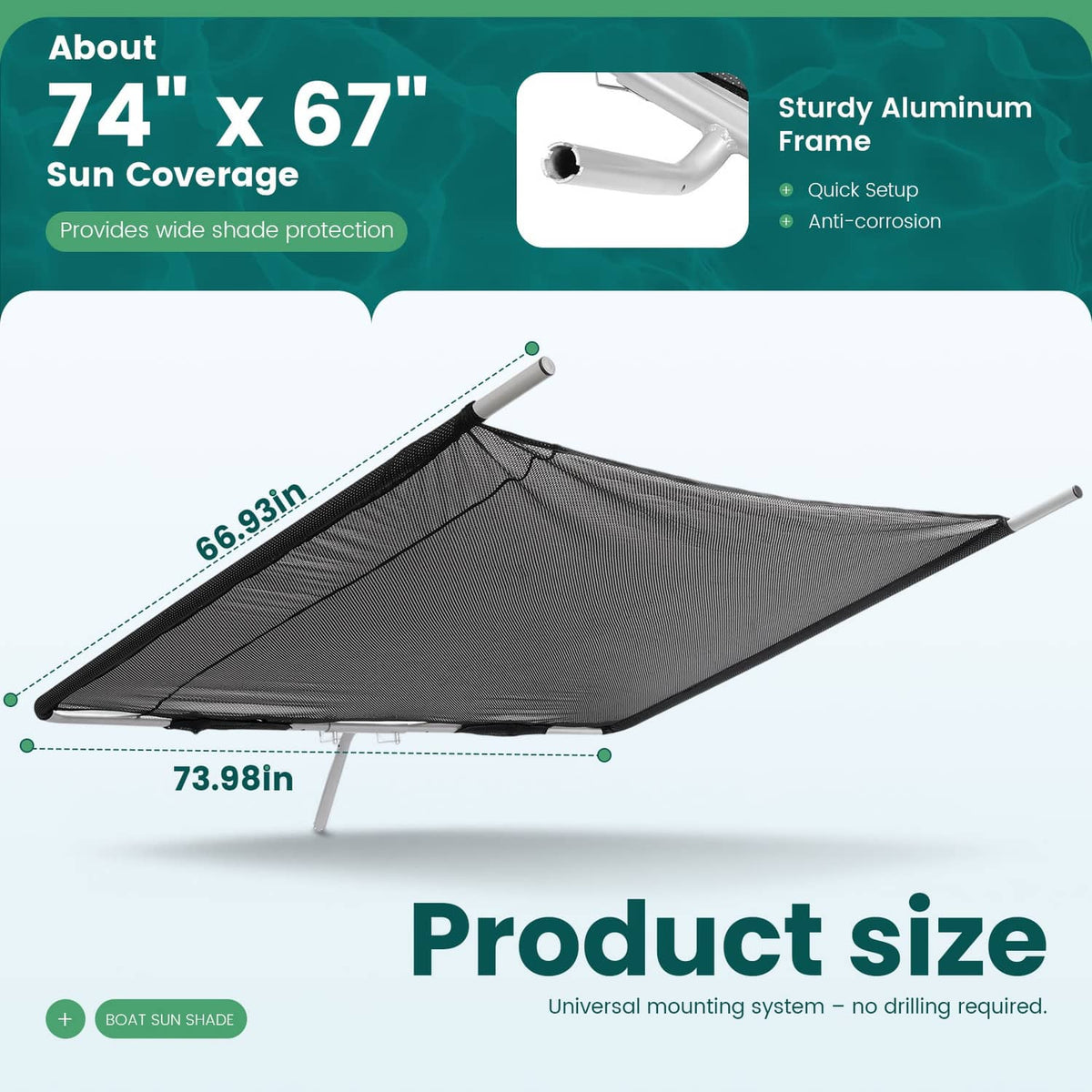 Solidspare Boat Sun Shade Silvery Black Aluminium Powder Coated  For Boats 25 ft and Under