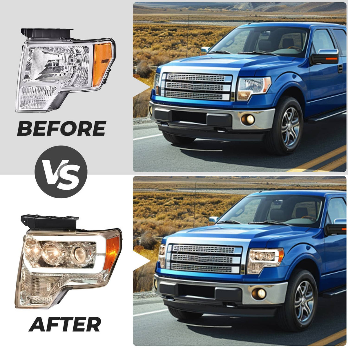 Solid Spare Projector Headlight Assembly Fit Ford F150 F-150 2009-2014 Chrome DRL LED Tube