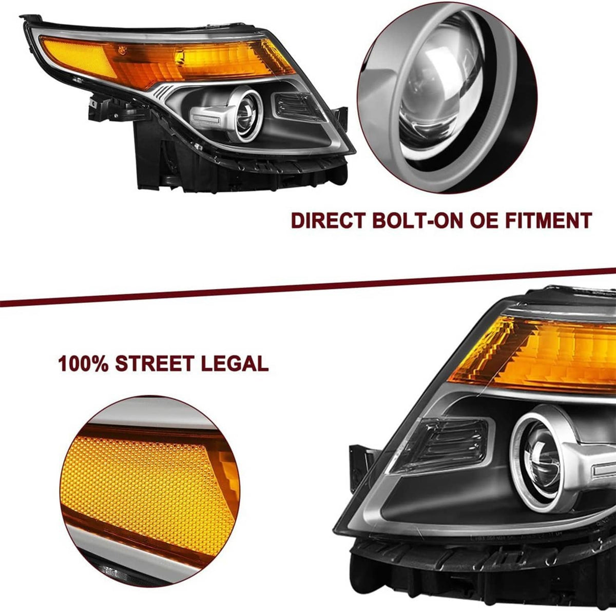 Solidspare For 2011-2015 Ford Explorer Halogen Chrome Housing Projector Headlights LH+RH