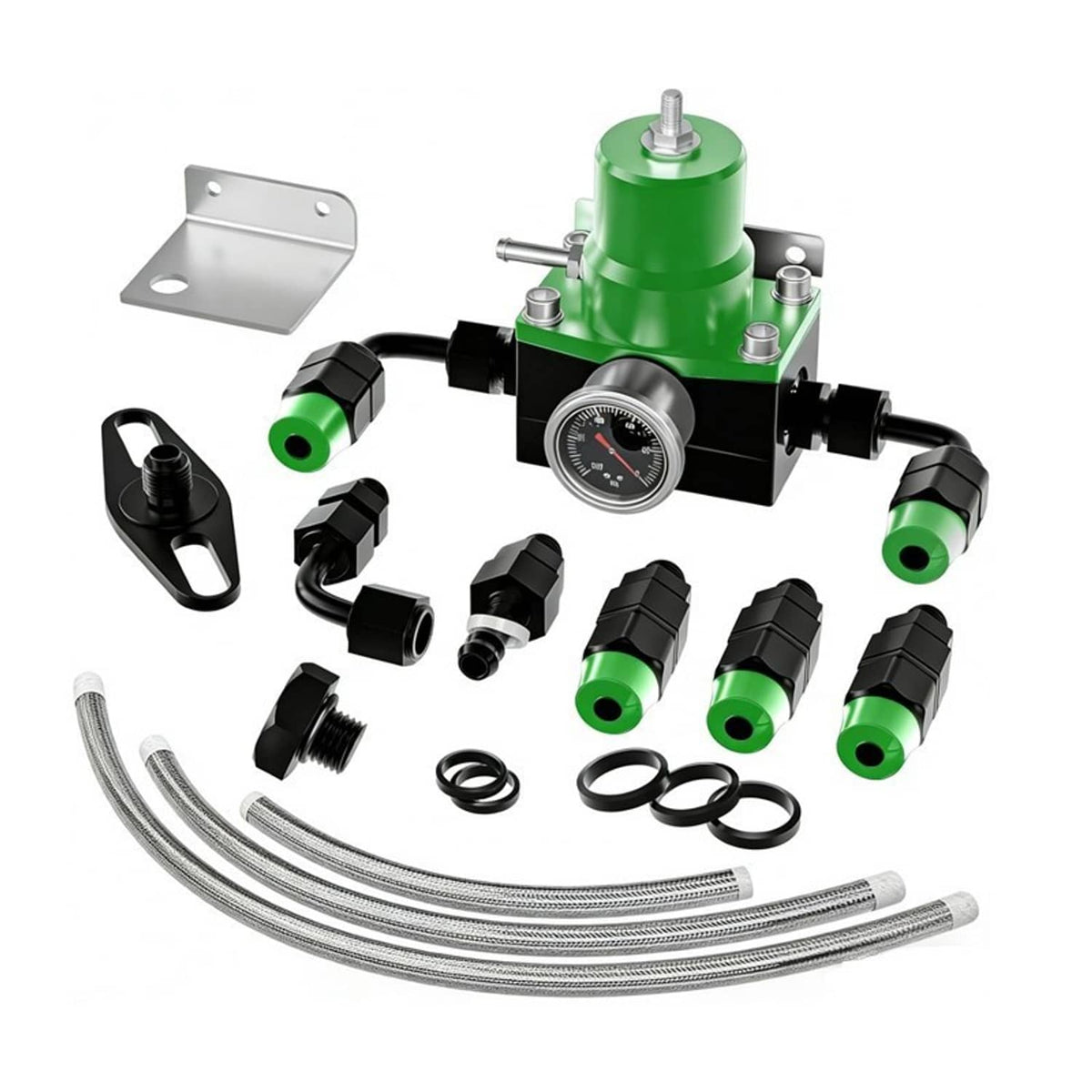 Solidspare New Adjustable Fuel Pressure Regulator Kit Oil 0-100psi Gauge -6AN Black & Green