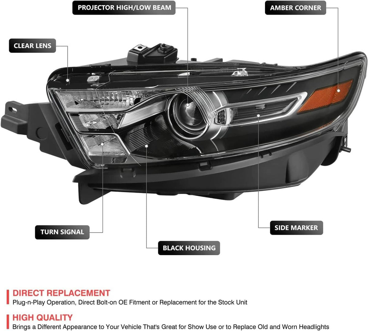 Solidspare Black Pair Housing Amber Corner Projector Headlight For 2013-2019 Ford Taurus