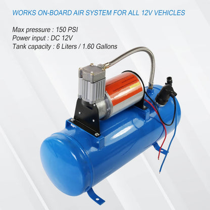 Solidspare 150PSI AIR COMPRESSOR WITH 6 LITER TANK DC 12V FOR TRAIN HORNS MOTORHOME TIRES