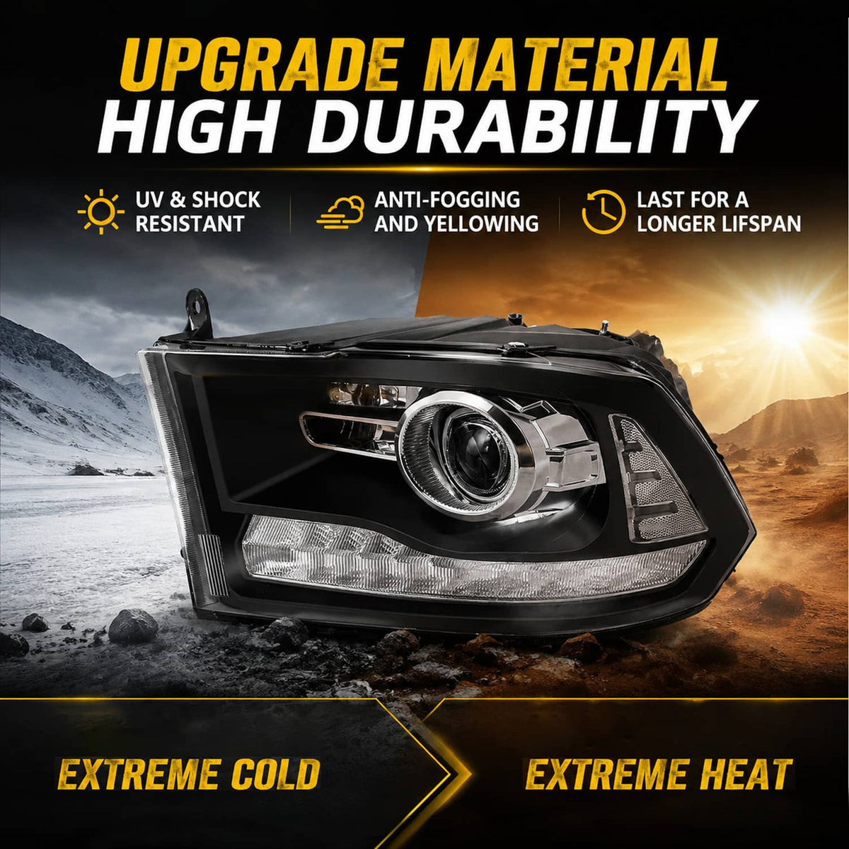 Solidspare New For 2009-2018 Dodge Ram 1500 2500 3500 Black Projector Headlights w/ LED DRL