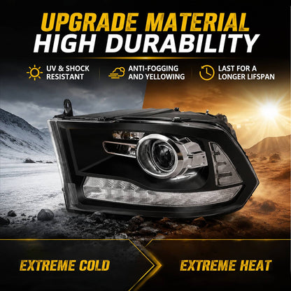 Solidspare New For 2009-2018 Dodge Ram 1500 2500 3500 Black Projector Headlights w/ LED DRL