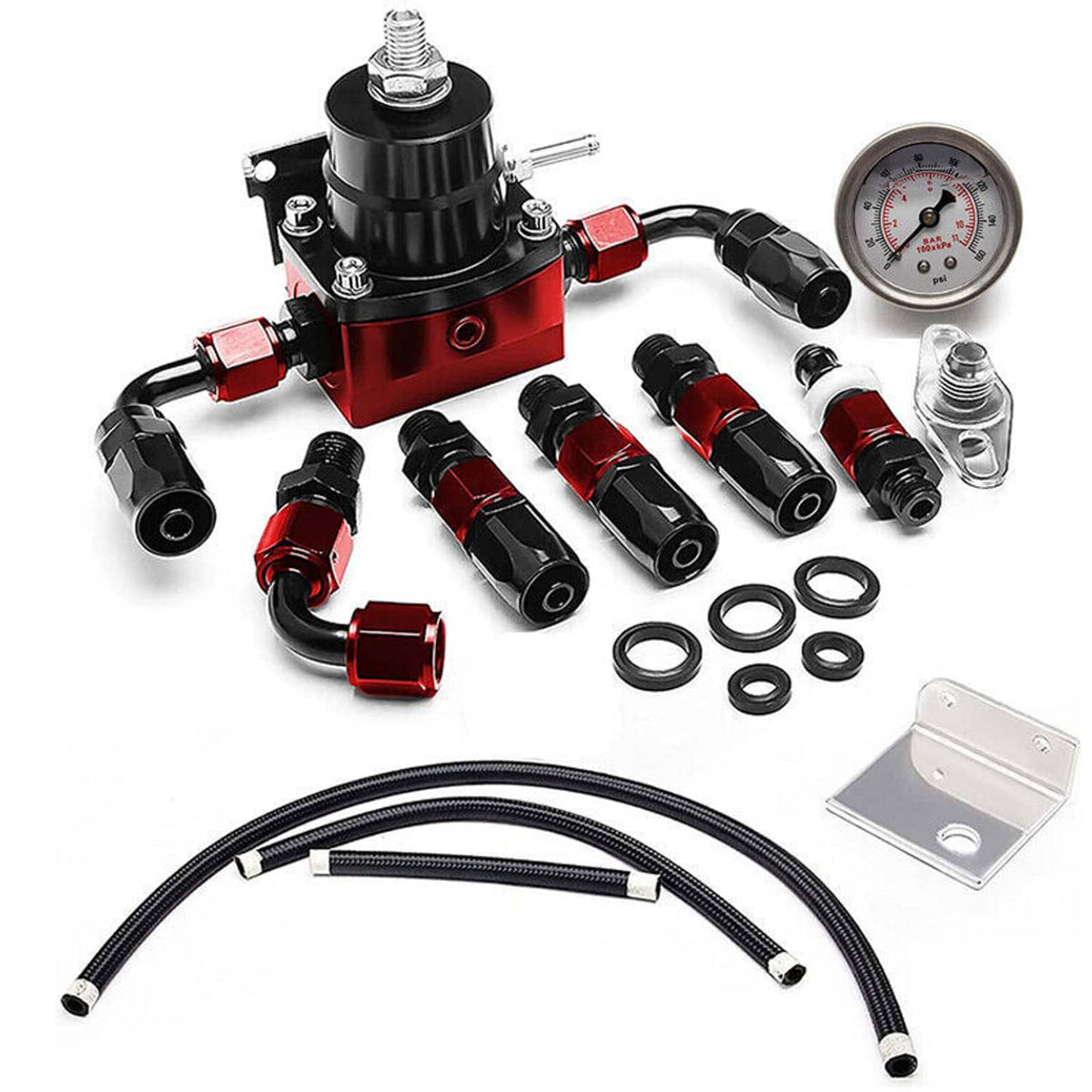 Solidspare New Adjustable Fuel Pressure Regulator Kit Oil 0-100psi Gauge -6AN Black & Red