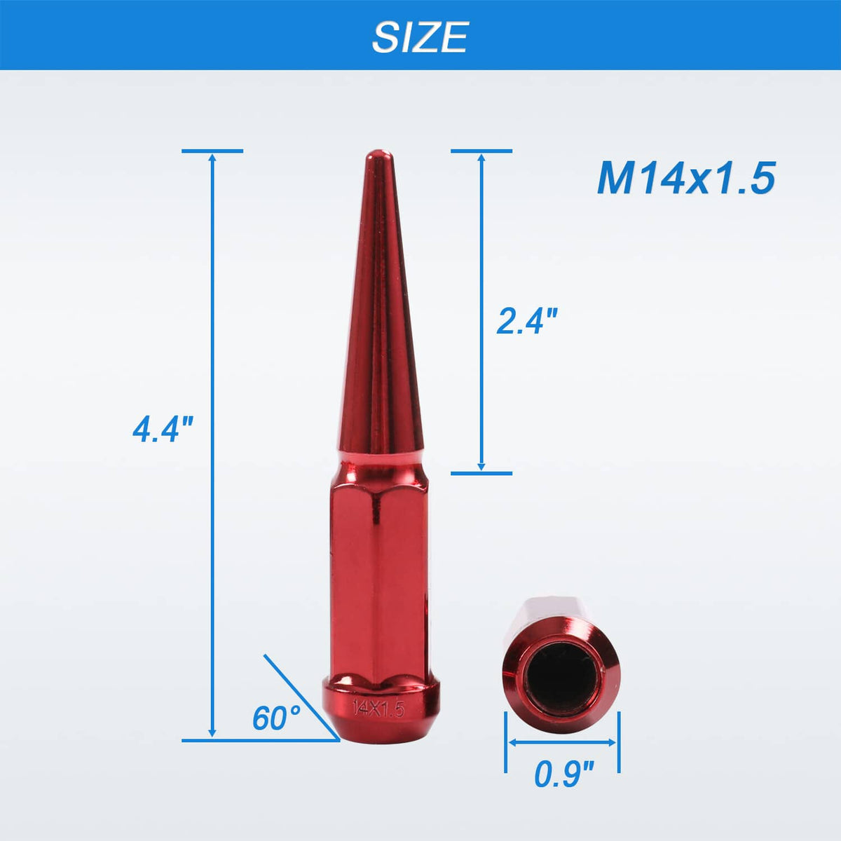 Solidspare 24 PCS Spike Lug Nuts 14x1.5 Red For Chevy Silverado Tahoe 4.4" Tall W/ Key