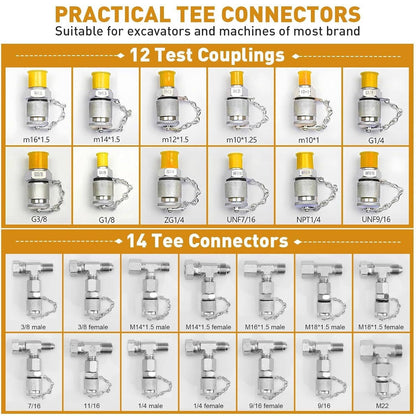 Solidspare 60Mpa Hydraulic Pressure Test Set 5 Gauges 13 Couplings 14 Tee Connectors 5 Hose