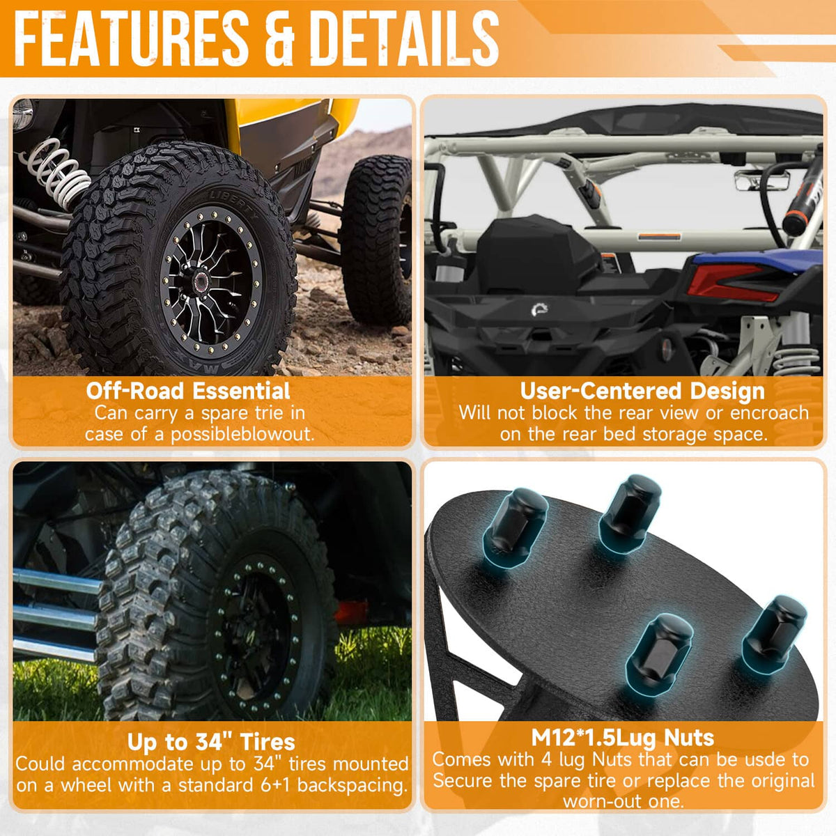 Solidspare UTV Spare Tire Carrier Mount For 2017-2025 Can Am Maverick X3 / X3 Max /Turbo/R