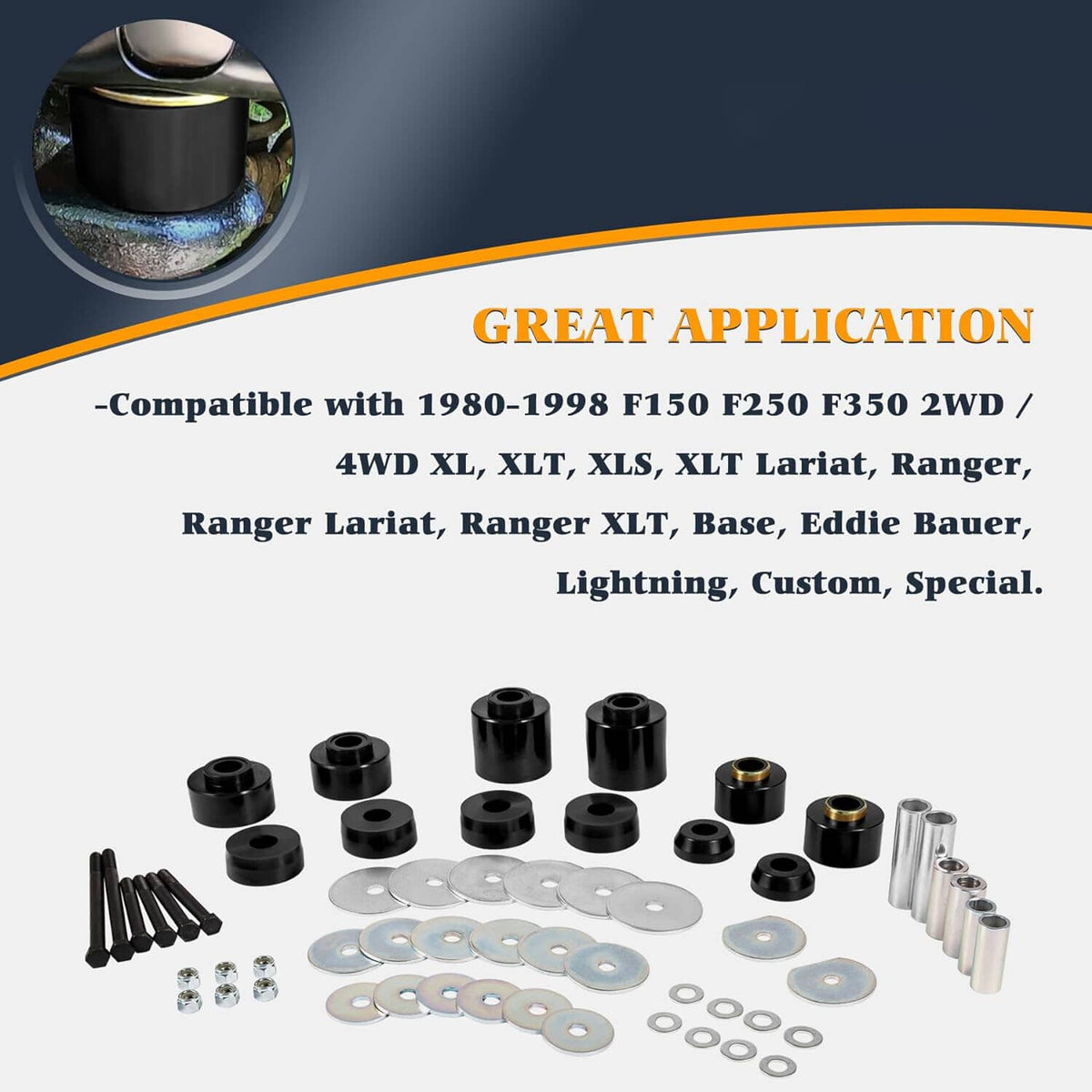 Solid Spare For 1980-1998 Ford F150 F250 F350 2WD 4WD 4.4123R Body Mount Bushing Set Kit