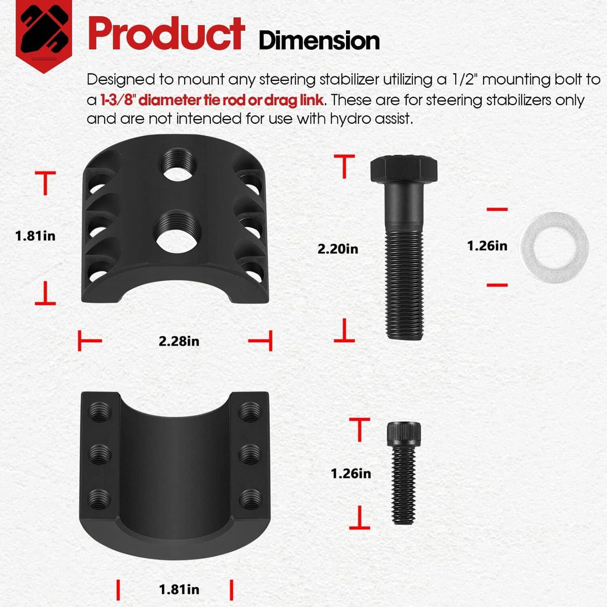 Solid Spare Steering Stabilizer Tie Rod Clamp 1-3/8" for Jeep Wrangler JK TJ XJ ZJ MJ 07-18