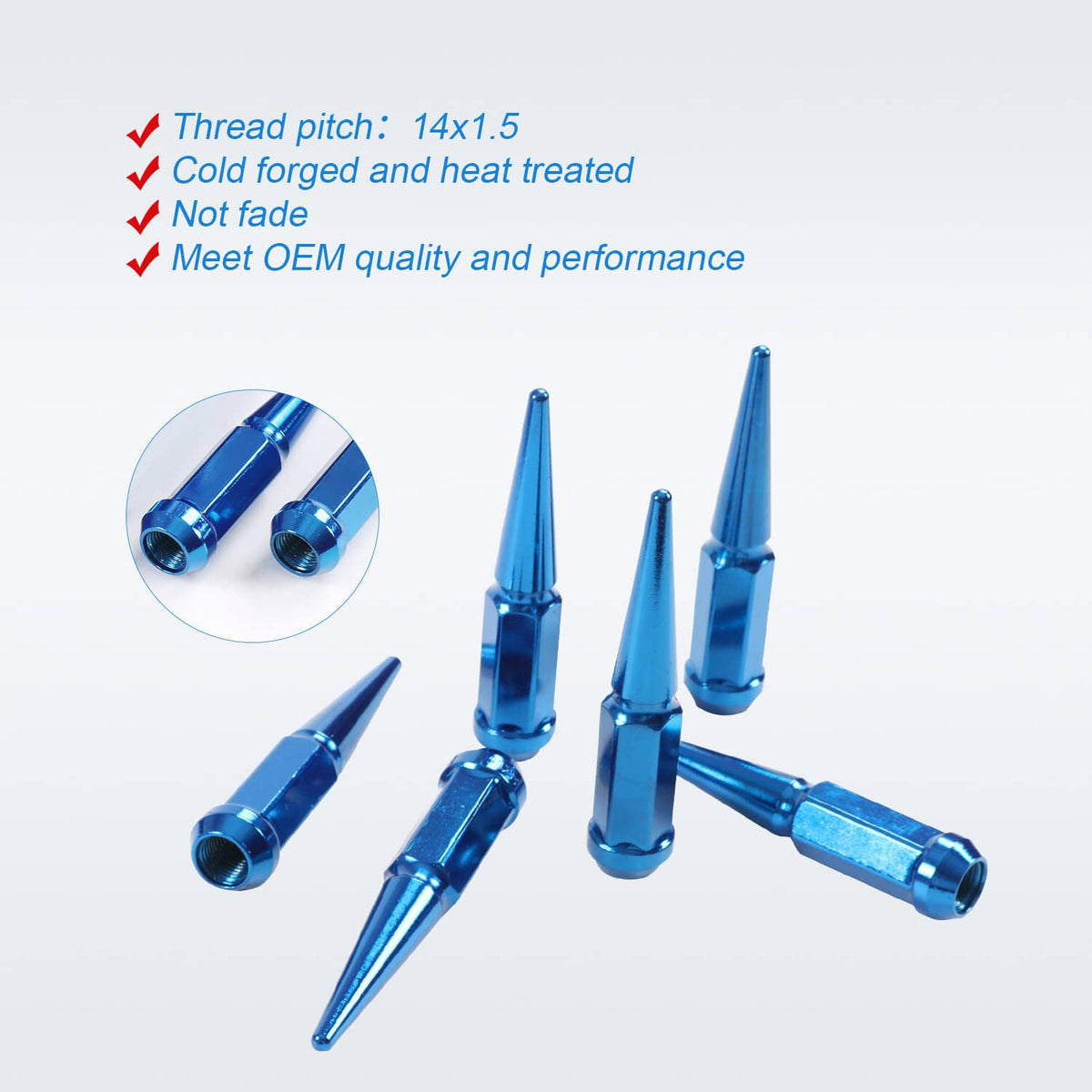 Solidspare 24PCS M14x1.5 Spike Lug Nuts 4.5 Tall Blue For 6 Lug GMC Chevy Ford With Key