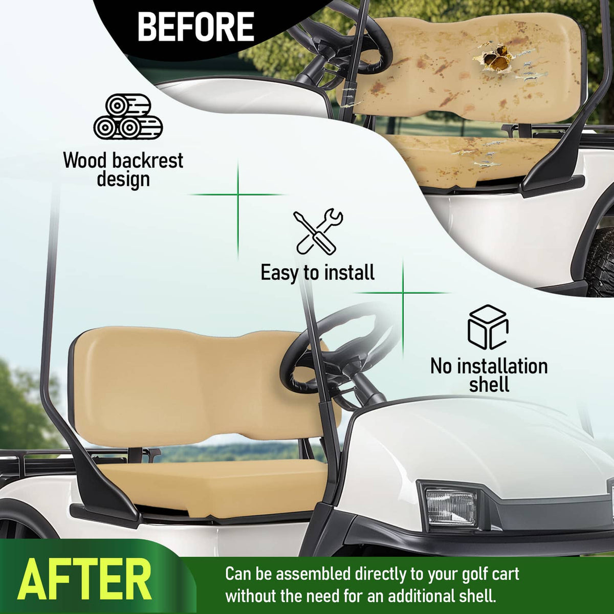 Solidspare Front Seat Assembly Bottom&Back Cushion For Club Car DS 2000.5-UP Tan Golf Cart