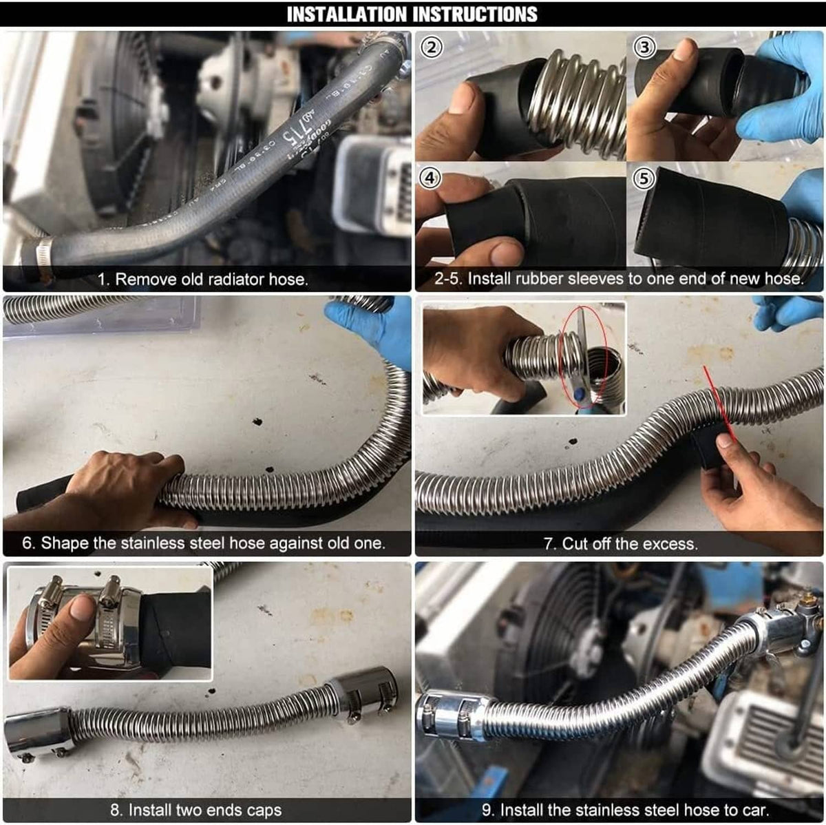 Solidspare 36" Radiator Hose Upper / Lower & Flexible Stainless Steel w/ Chrome Caps Kit