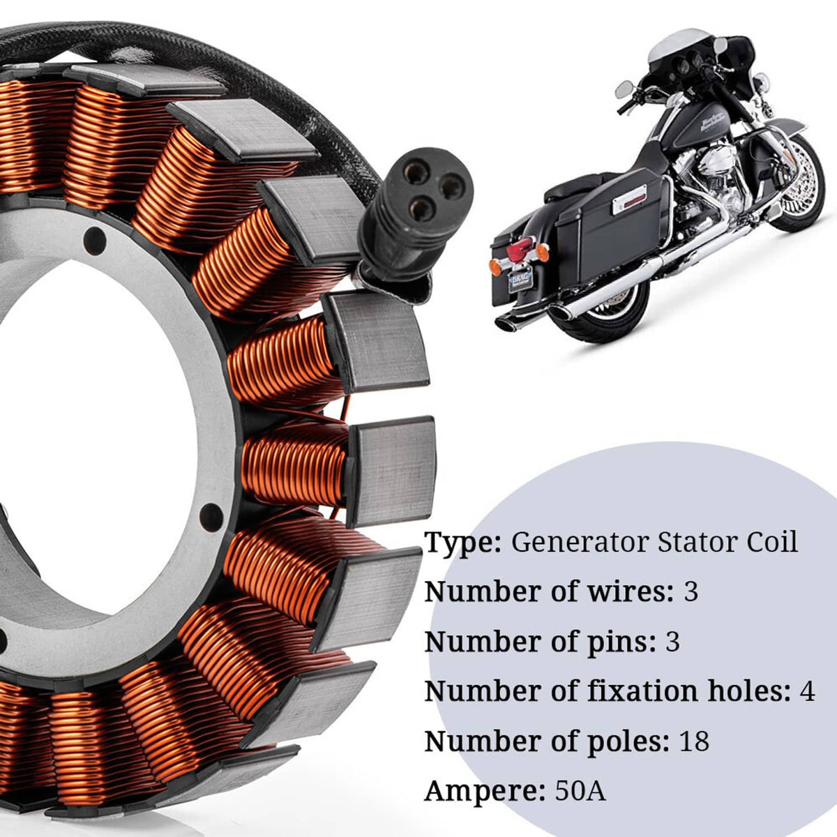 Solidspare 50 Amp 3 Phase Stator Coil Fit for Harley Touring 2006-2014 FLT-FLH 29987-06A