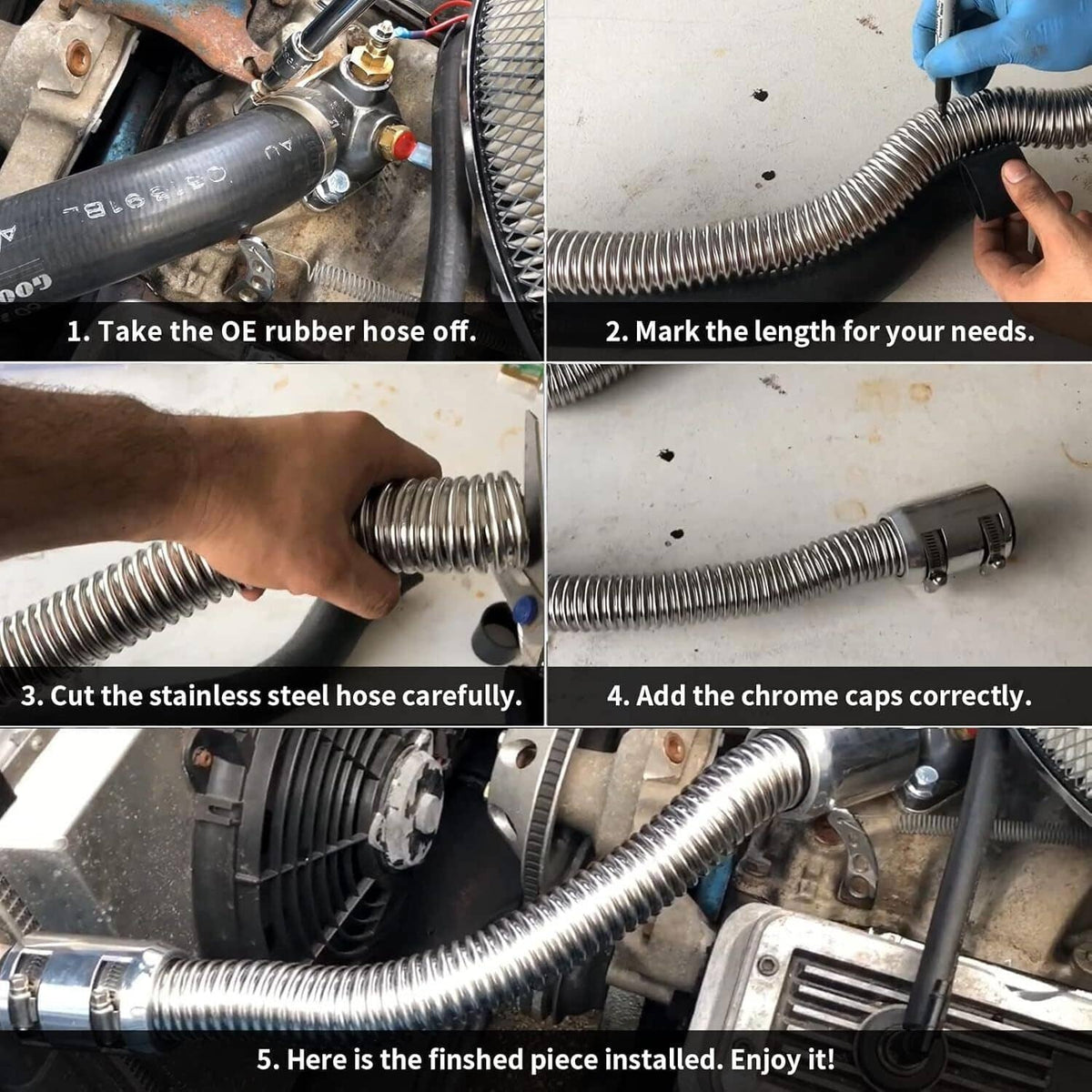 Solidspare Universal 48" Stainless Steel Radiator Flexible Coolant Water Hose W/ Caps Kit
