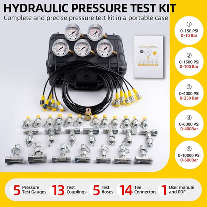 Solidspare 60Mpa Hydraulic Pressure Test Kit 5 Gauges 13 Couplings 14 Tee Connectors 5 Hose