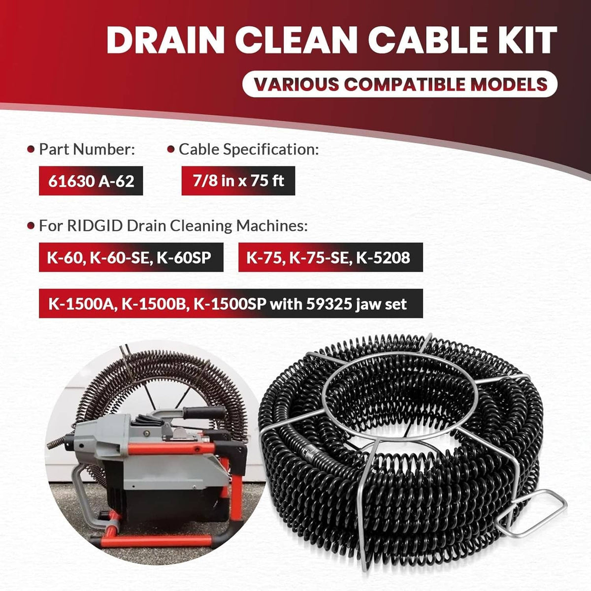 Solidspare 61630 Sectional Drain Cleaning Cable Kit, Replace for RIDGID A-62 7/8” Cable Kit