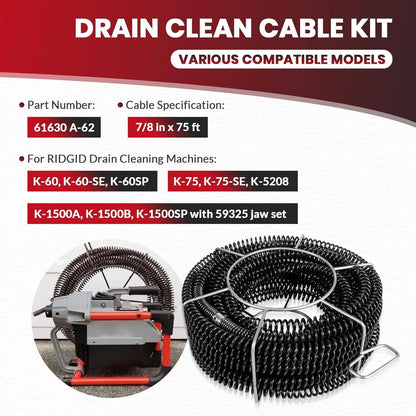 Solidspare 61630 Sectional Drain Cleaning Cable Kit, Replace for RIDGID A-62 7/8” Cable Kit
