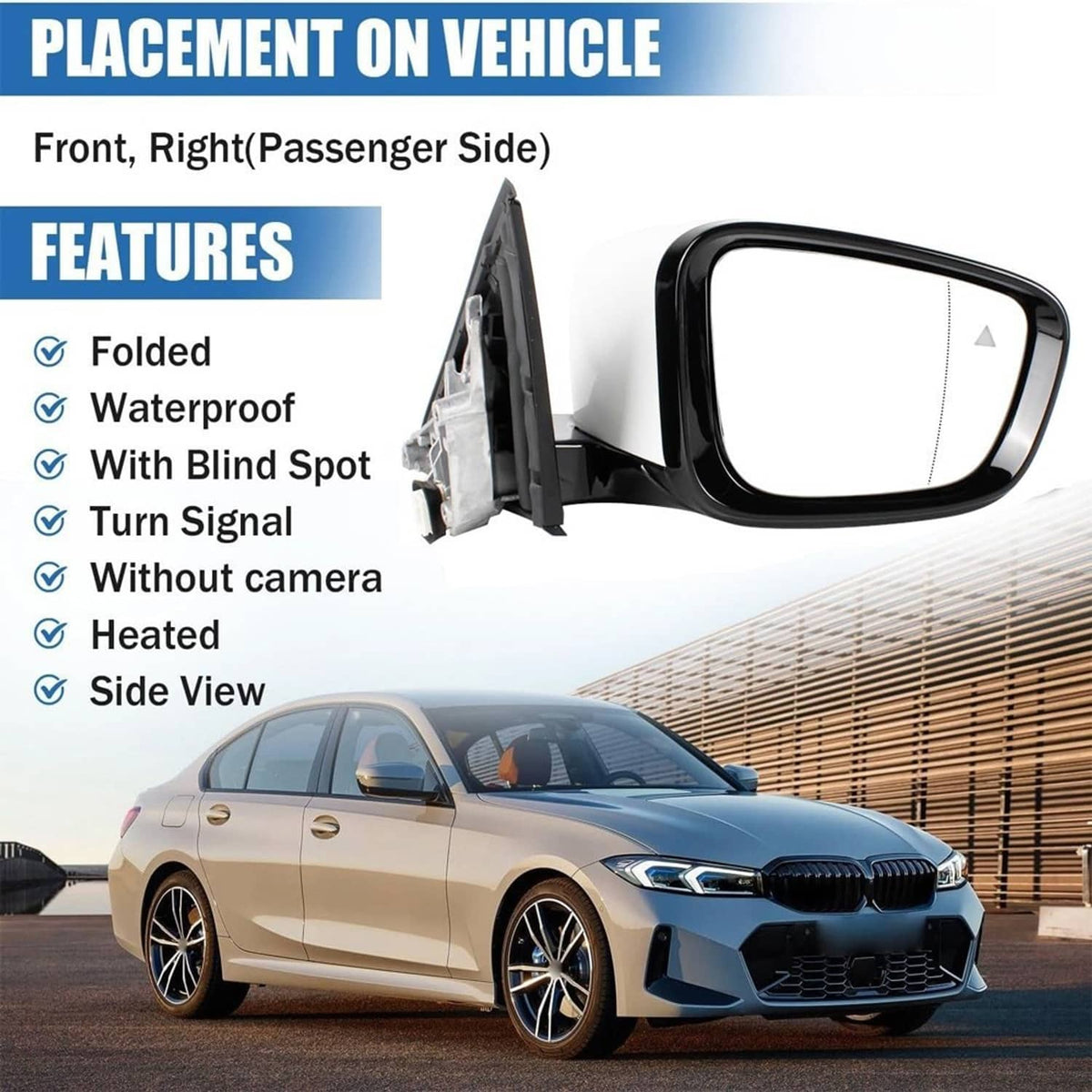 Solidspare Passenger Side Mirror w/Blind Spot White For 2019-2023 BMW 320i 330i 330e